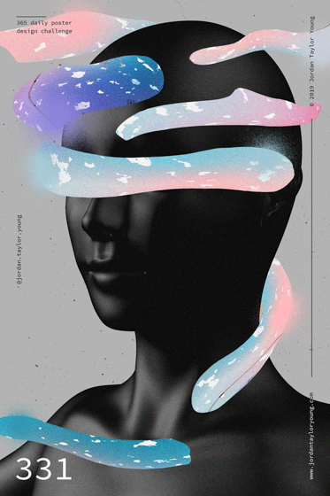 Poster no. 331: a 3D render of a black bust with pink and blue multicoloured cloud like shapes