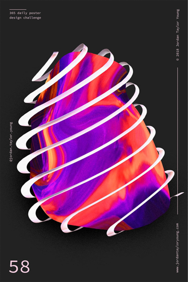 Poster no. 58: a striped gradient shape in pink, purple and orange wrapped in a white stripe