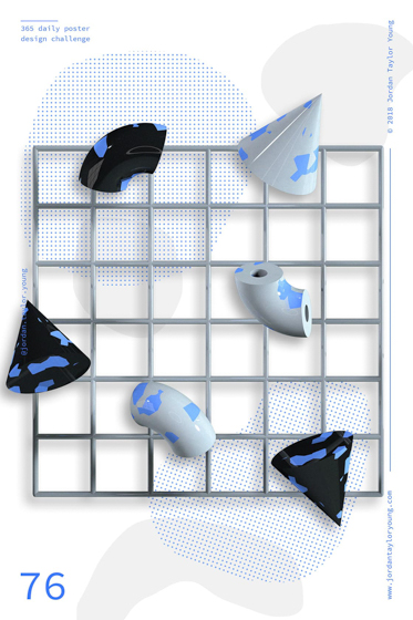 Poster no. 76: a 3D render many shiny shapes in black and white spotted with light blue above a grid