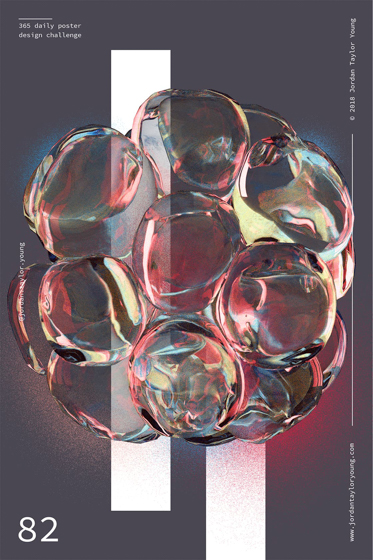 Poster no. 82: a 3D render of colourful bubbles gathered together in a cirlce