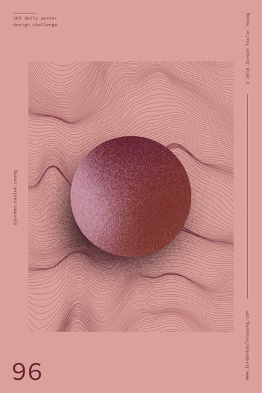 Poster no. 96: a dark pink-purple sphere above distorted lines