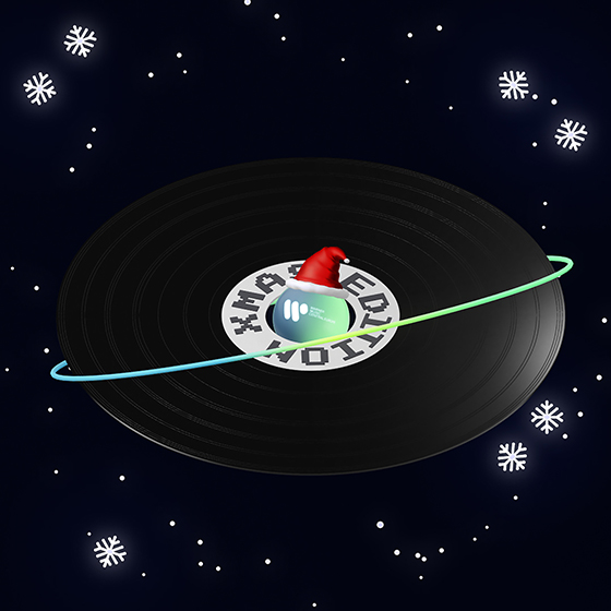 Vinyl Saturn still of Lagoon colourway Christmas Edition with a santa hat on the planet